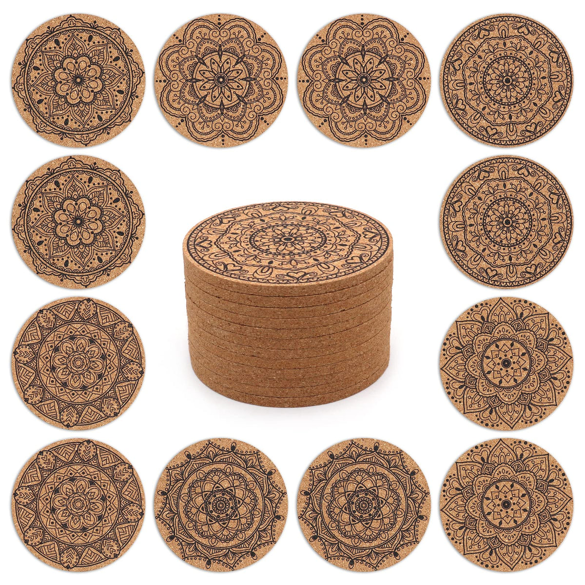 Cork Coasters for Drinks Absorbent Non Slip 12pcs 4 Inch Flower