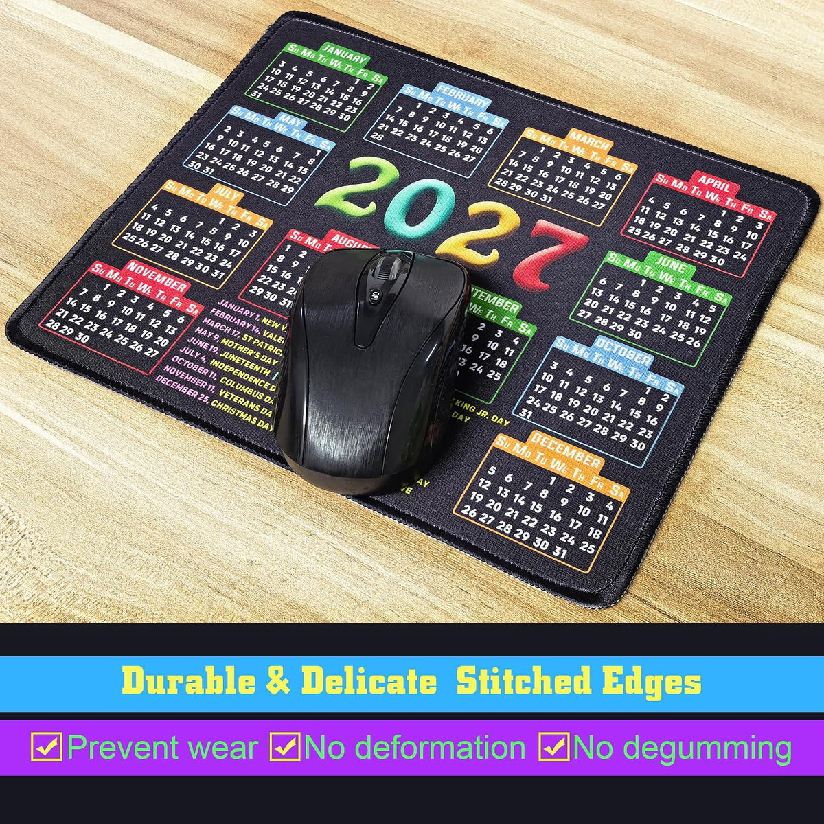 Mouse Pad, 2027 Calendar Black, Stitched Edge