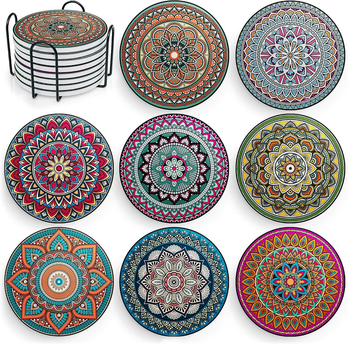 Mandala Drink Coasters with Holder - 8 Set Ceramic Boho Coaster for Drinks Absorbent with Cork Base and Black Holder - Coasters for Coffee Table Apartment Wooden Bar Mugs Glasses Cup Beer