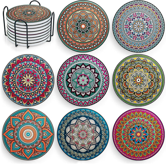 Mandala Drink Coasters with Holder - 8 Set Ceramic Boho Coaster for Drinks Absorbent with Cork Base and Black Holder - Coasters for Coffee Table Apartment Wooden Bar Mugs Glasses Cup Beer